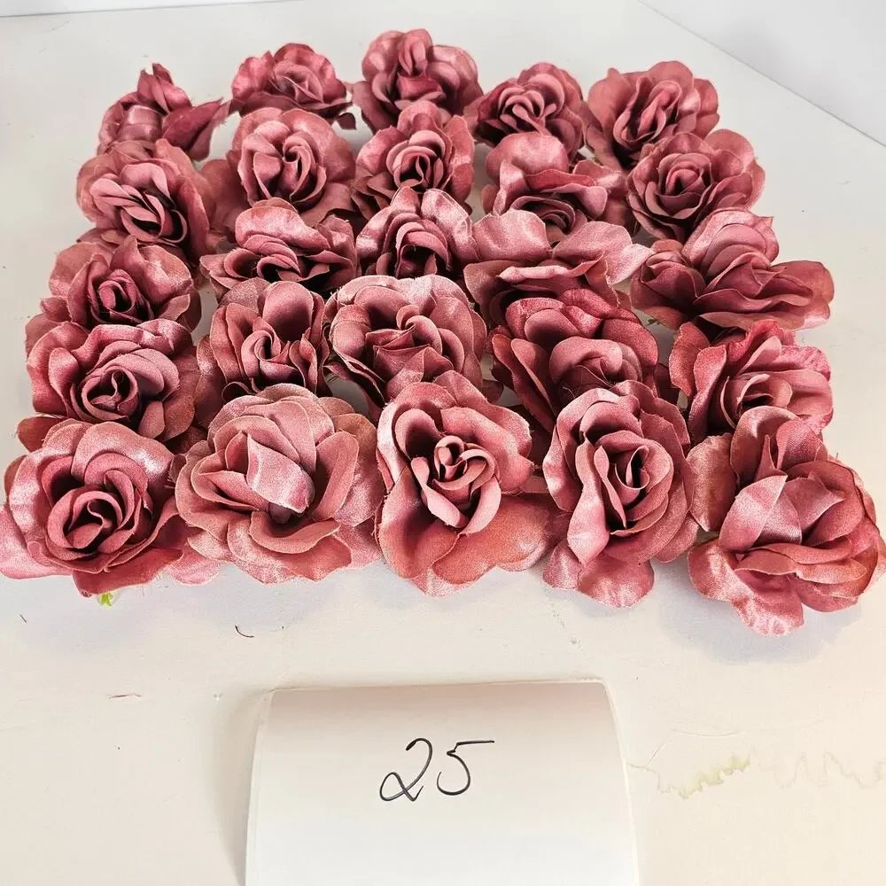 25 Mauve Pink Satin Open Rose Heads Stemless Wedding Floral Craft DIY 2.5in